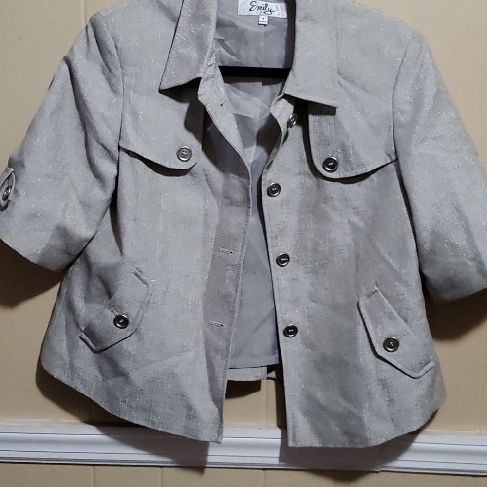 Women 2pc silver /gray shimmer pant suit sz 6